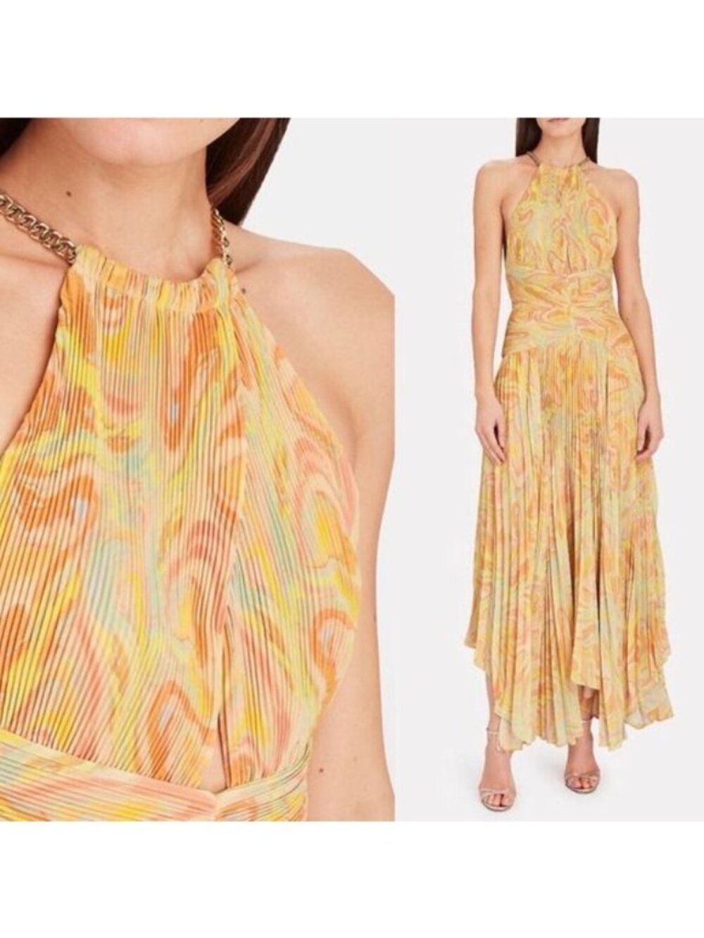 NWT AIIFOS Grace Pleated Halter Chiffon Gown in Peach and Yellow size 6 - Picture 11 of 12